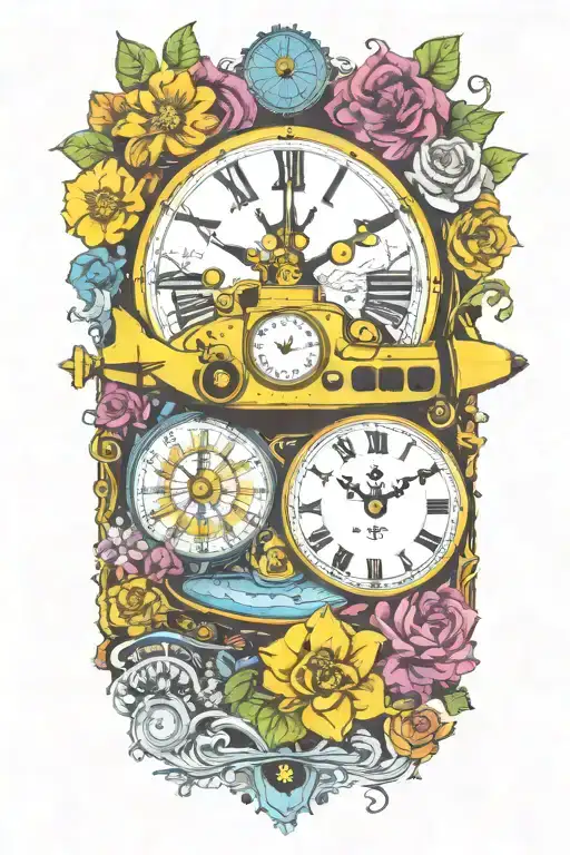 Yellow Submarine With Colorful Flowers And Clock And Rainbow
