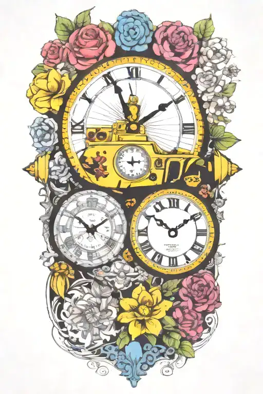 Yellow Submarine With Colorful Flowers And Clock And Rainbow