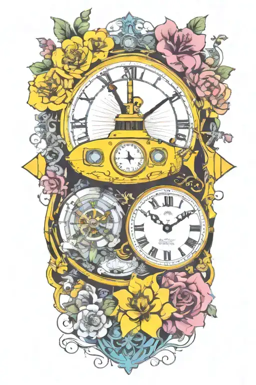 Yellow Submarine With Colorful Flowers And Clock And Rainbow