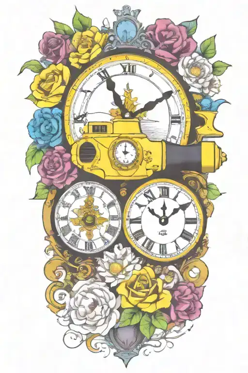 Yellow Submarine With Colorful Flowers And Clock And Rainbow