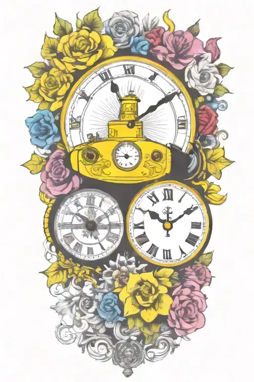 Yellow Submarine With Colorful Flowers And Clock And Rainbow