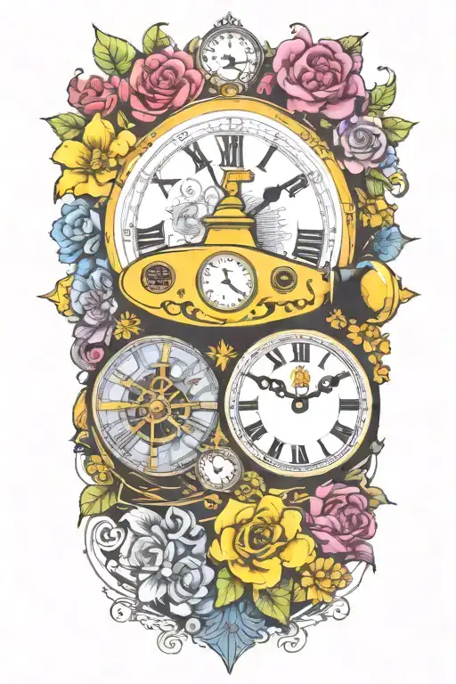 Yellow Submarine With Colorful Flowers And Clock And Rainbow