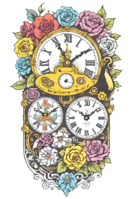 Yellow Submarine With Colorful Flowers And Clock And Rainbow