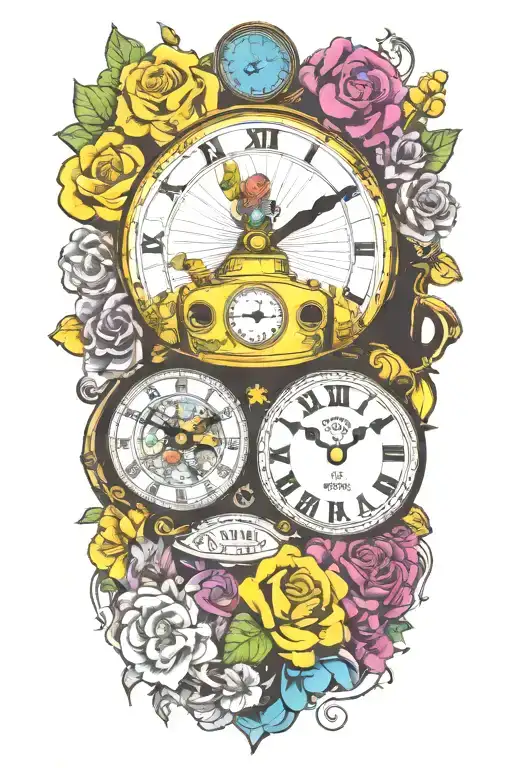Yellow Submarine With Colorful Flowers And Clock And Rainbow