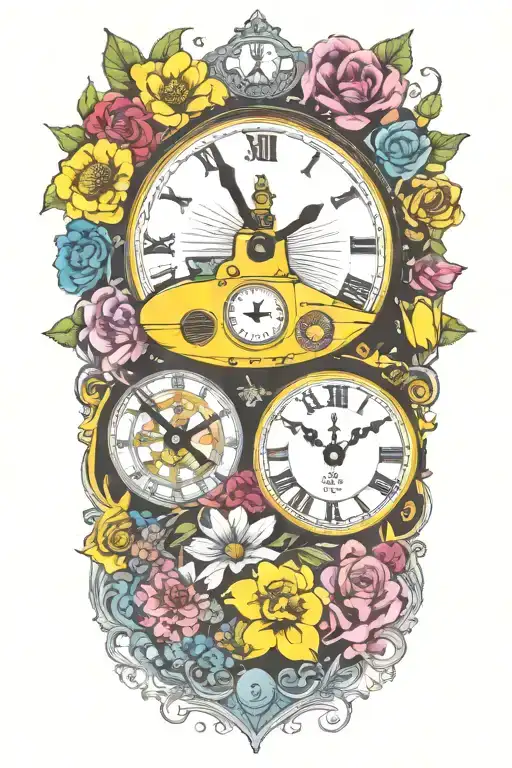 Yellow Submarine With Colorful Flowers And Clock And Rainbow