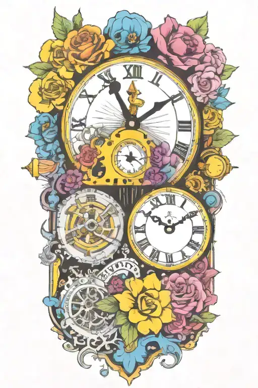 Yellow Submarine With Colorful Flowers And Clock And Rainbow