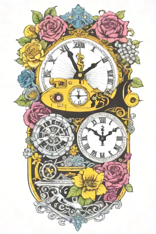 Yellow Submarine With Colorful Flowers And Clock And Rainbow