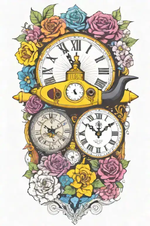 Yellow Submarine With Colorful Flowers And Clock And Rainbow