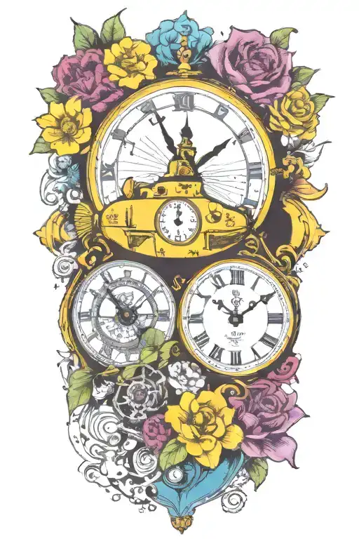 Yellow Submarine With Colorful Flowers And Clock And Rainbow