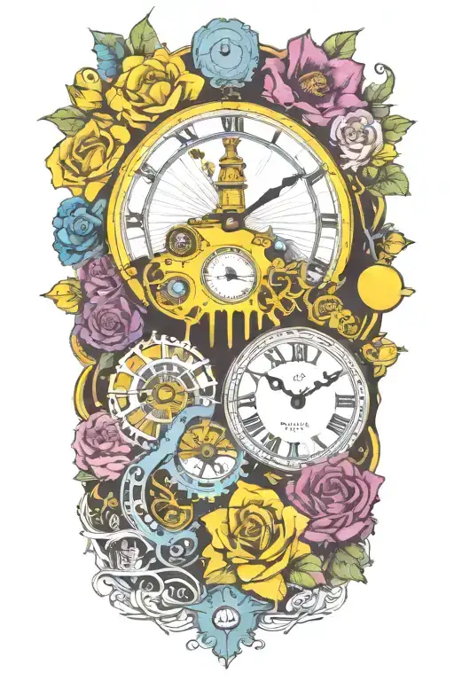 Yellow Submarine With Colorful Flowers And Clock And Rainbow