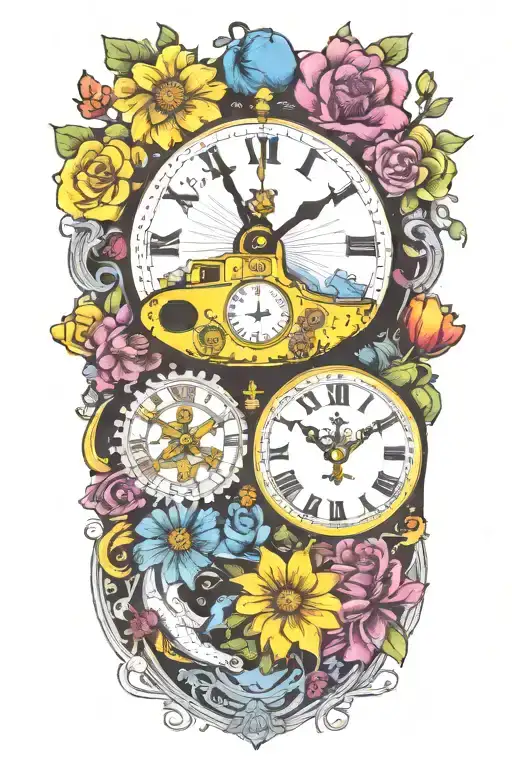 Yellow Submarine With Colorful Flowers And Clock And Rainbow