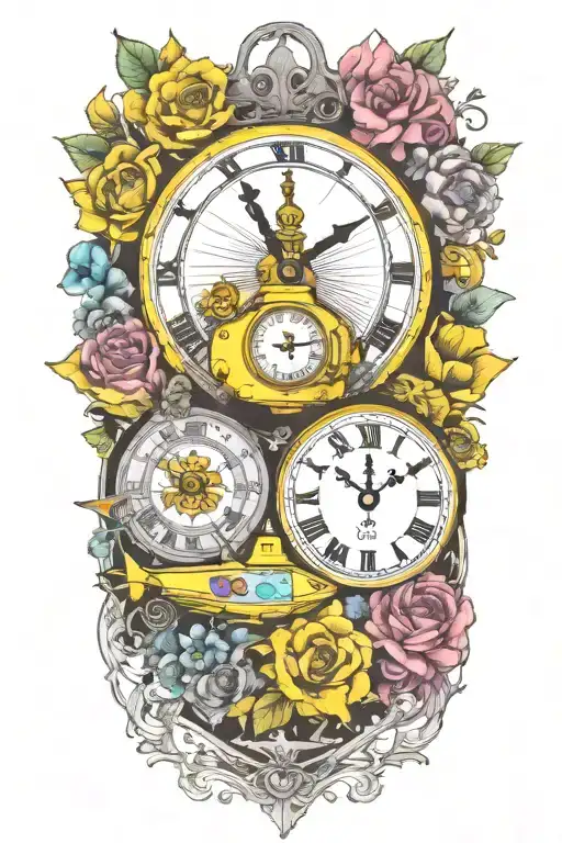 Yellow Submarine With Colorful Flowers And Clock And Rainbow