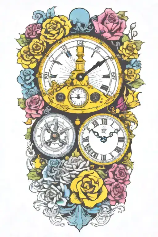 Yellow Submarine With Colorful Flowers And Clock And Rainbow