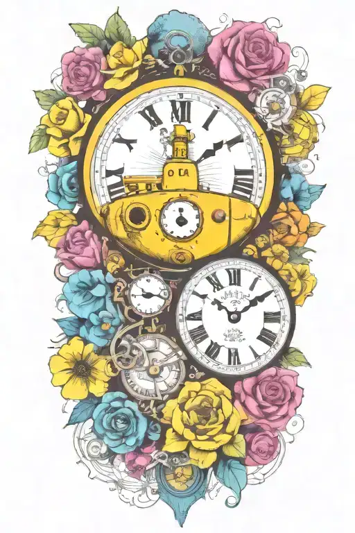 Yellow Submarine With Colorful Flowers And Clock And Rainbow