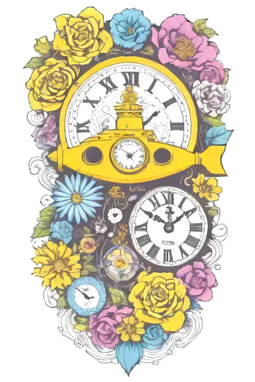 Yellow Submarine With Colorful Flowers And Clock And Rainbow