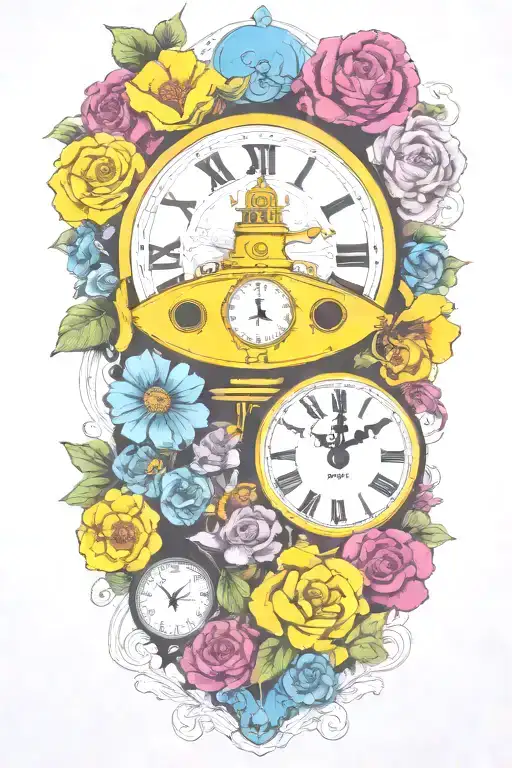 Yellow Submarine With Colorful Flowers And Clock And Rainbow