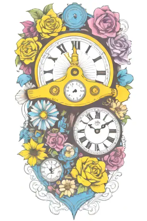 Yellow Submarine With Colorful Flowers And Clock And Rainbow