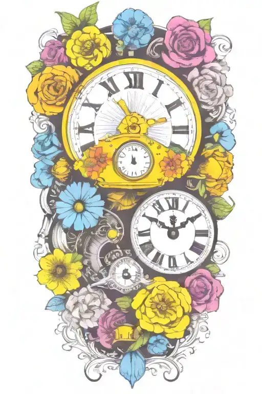 Yellow Submarine With Colorful Flowers And Clock And Rainbow