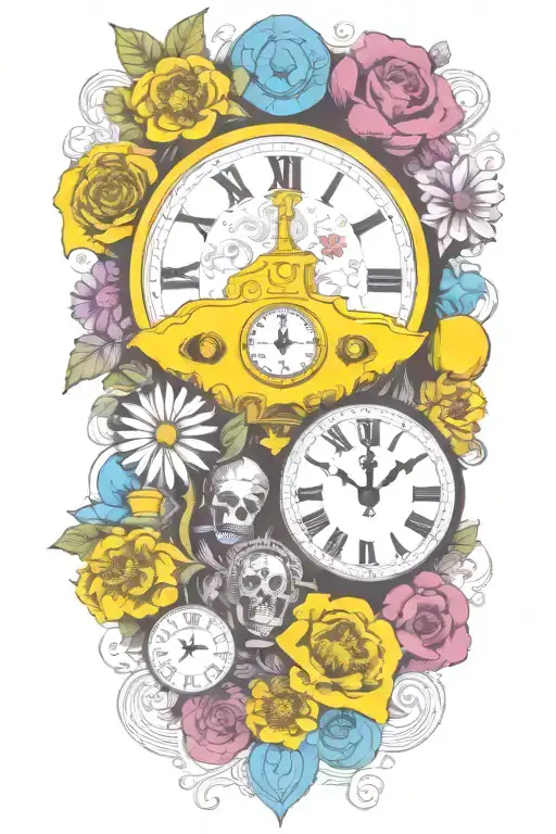Yellow Submarine With Colorful Flowers And Clock And Rainbow