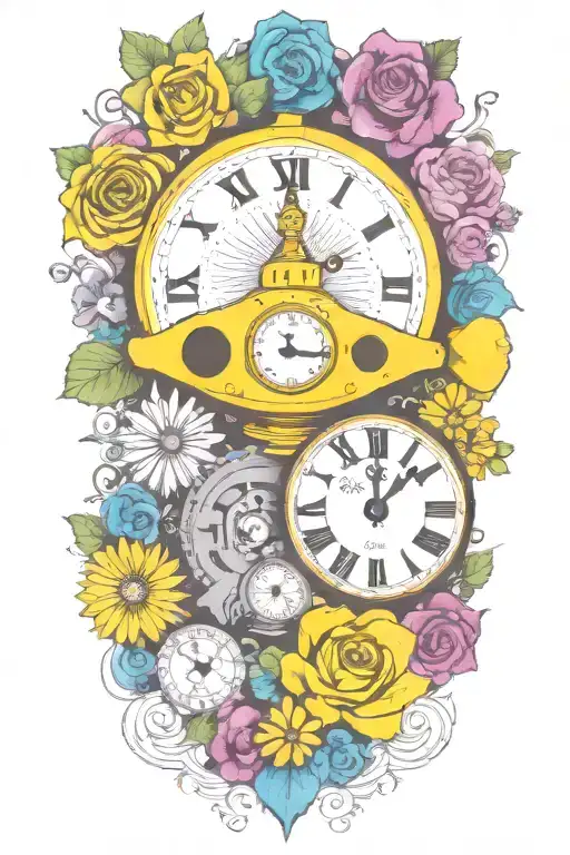 Yellow Submarine With Colorful Flowers And Clock And Rainbow