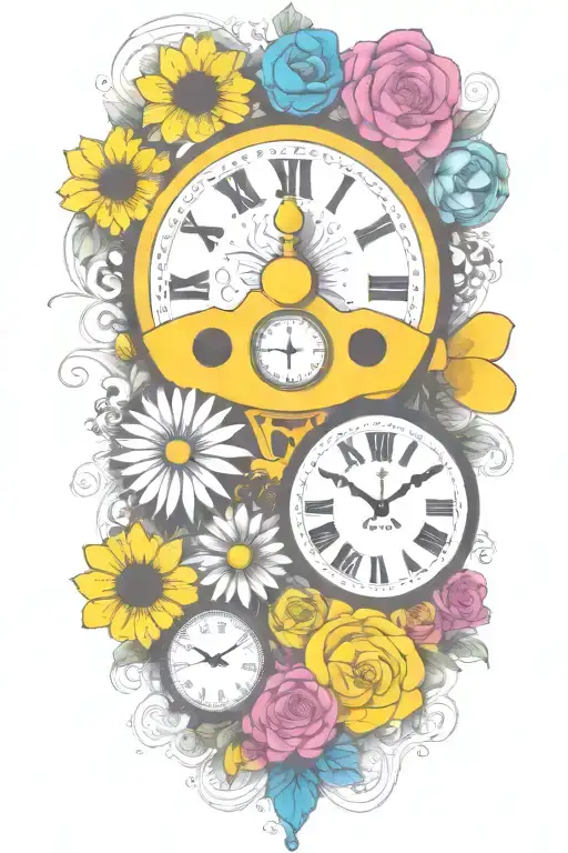 Yellow Submarine With Colorful Flowers And Clock And Rainbow