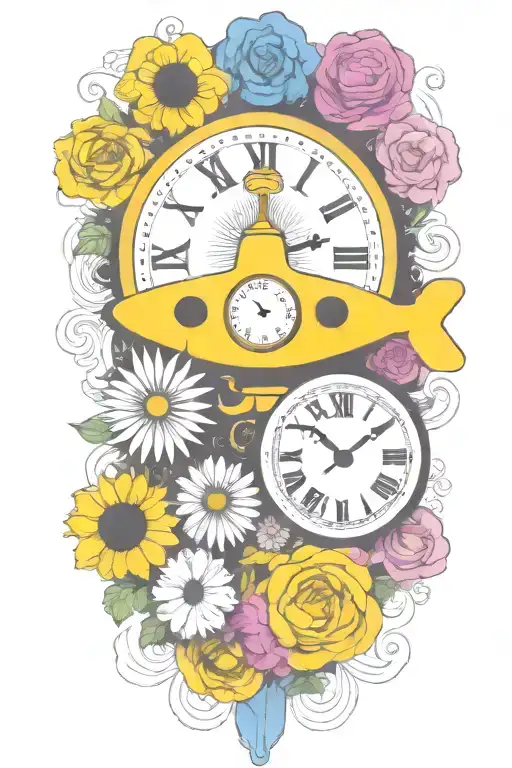 Yellow Submarine With Colorful Flowers And Clock And Rainbow
