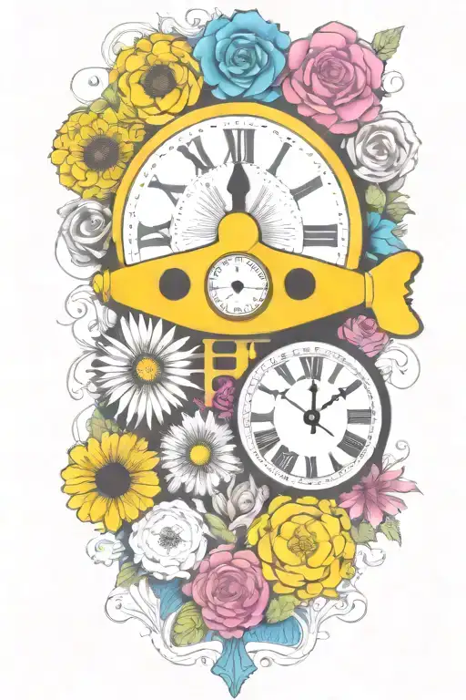 Yellow Submarine With Colorful Flowers And Clock And Rainbow