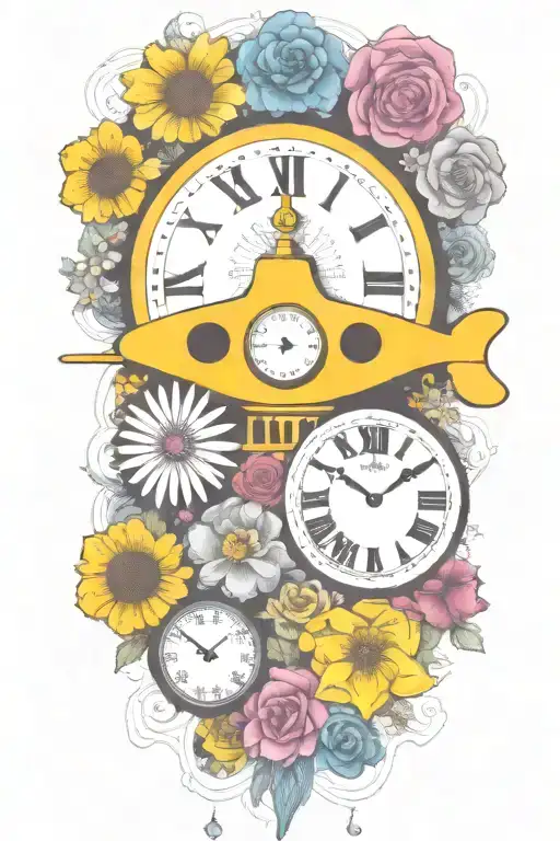 Yellow Submarine With Colorful Flowers And Clock And Rainbow