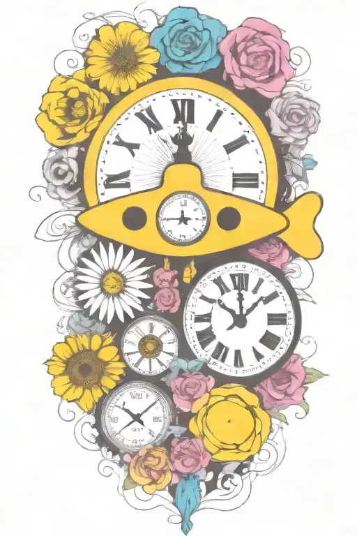 Yellow Submarine With Colorful Flowers And Clock And Rainbow