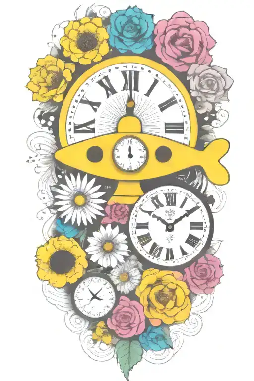 Yellow Submarine With Colorful Flowers And Clock And Rainbow