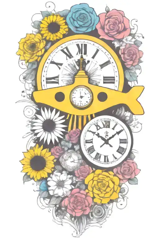 Yellow Submarine With Colorful Flowers And Clock And Rainbow