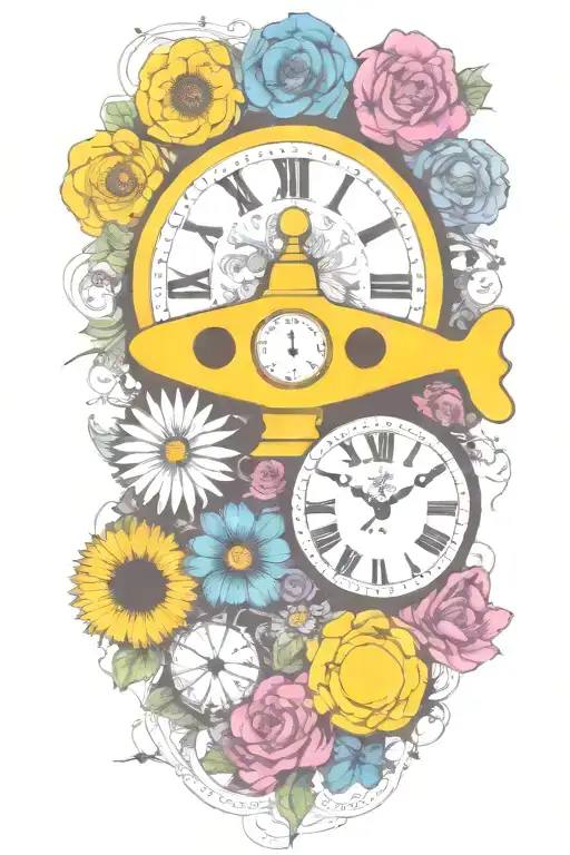 Yellow Submarine With Colorful Flowers And Clock And Rainbow