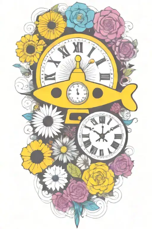 Yellow Submarine With Colorful Flowers And Clock And Rainbow