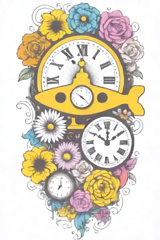 Yellow Submarine With Colorful Flowers And Clock And Rainbow