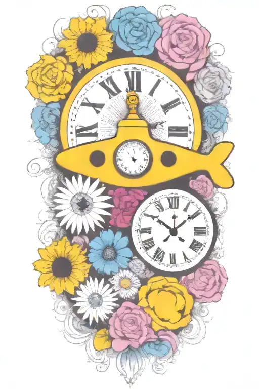 Yellow Submarine With Colorful Flowers And Clock And Rainbow