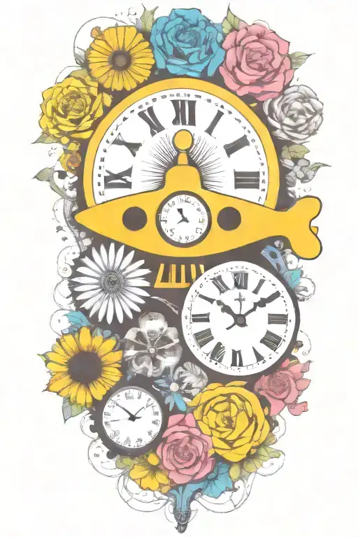 Yellow Submarine With Colorful Flowers And Clock And Rainbow