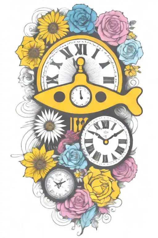 Yellow Submarine With Colorful Flowers And Clock And Rainbow