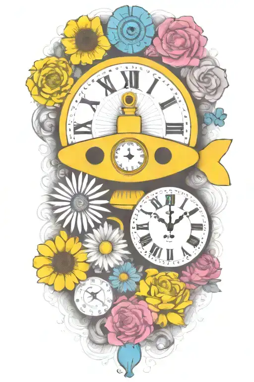 Yellow Submarine With Colorful Flowers And Clock And Rainbow