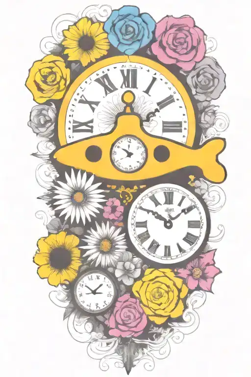Yellow Submarine With Colorful Flowers And Clock And Rainbow