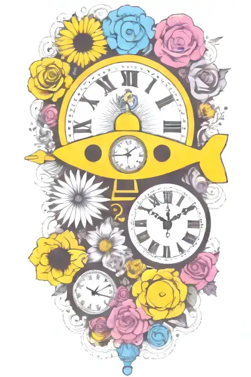Yellow Submarine With Colorful Flowers And Clock And Rainbow