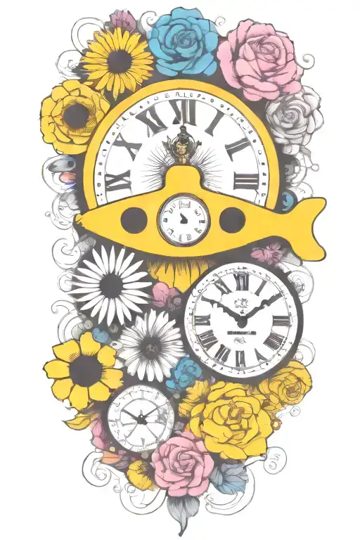 Yellow Submarine With Colorful Flowers And Clock And Rainbow