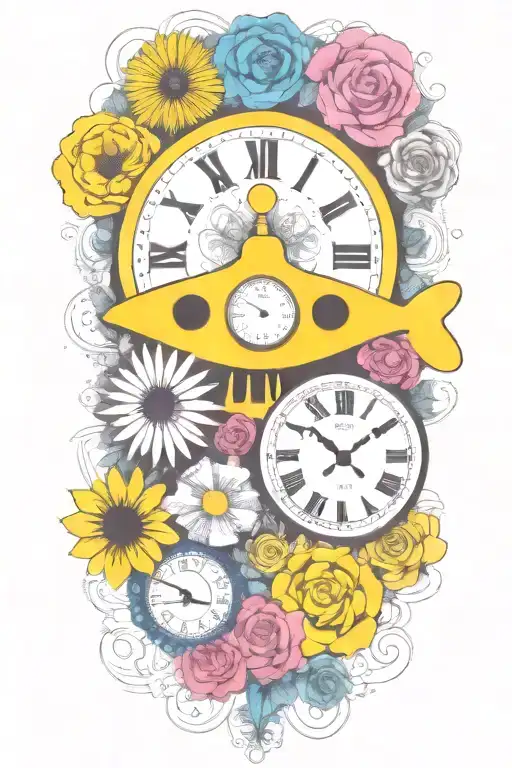 Yellow Submarine With Colorful Flowers And Clock And Rainbow