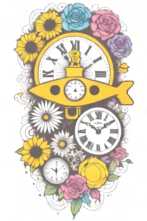 Yellow Submarine With Colorful Flowers And Clock And Rainbow