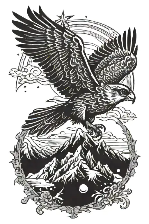 Flying Little Falcon Against The Background Of Snowy Mountains And Clouds