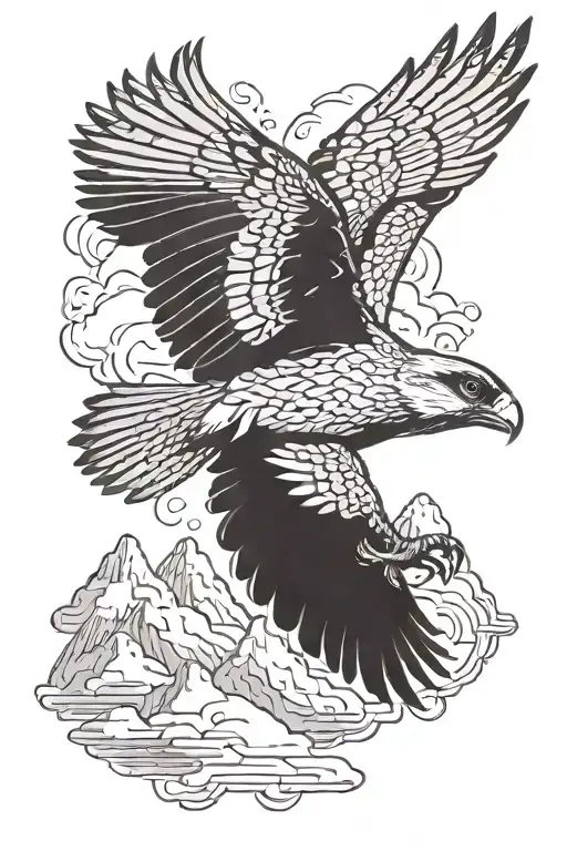 Flying Little Falcon Against The Background Of Snowy Mountains And Clouds