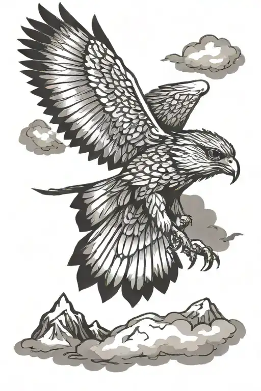 Flying Little Falcon Against The Background Of Snowy Mountains And Clouds