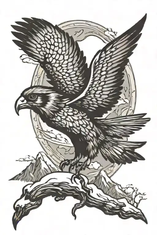 Flying Little Falcon Against The Background Of Snowy Mountains And Clouds