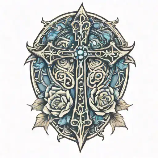 Ankh With Feathers And Blue Highlights And Roses