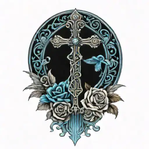 Ankh With Feathers And Blue Highlights And Roses