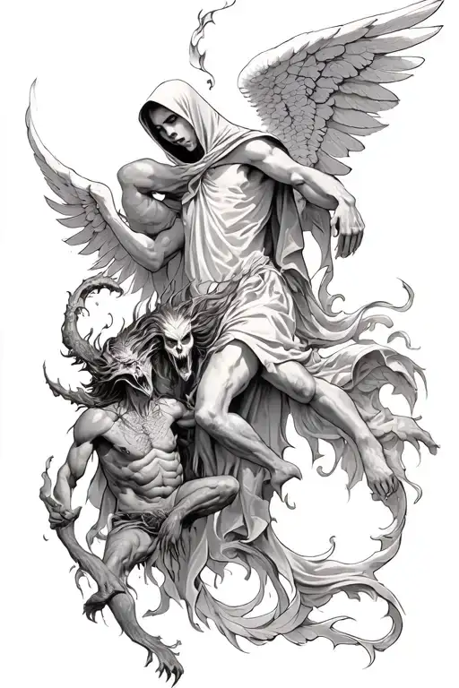 Hooded Arch Angel Defeating A Demon